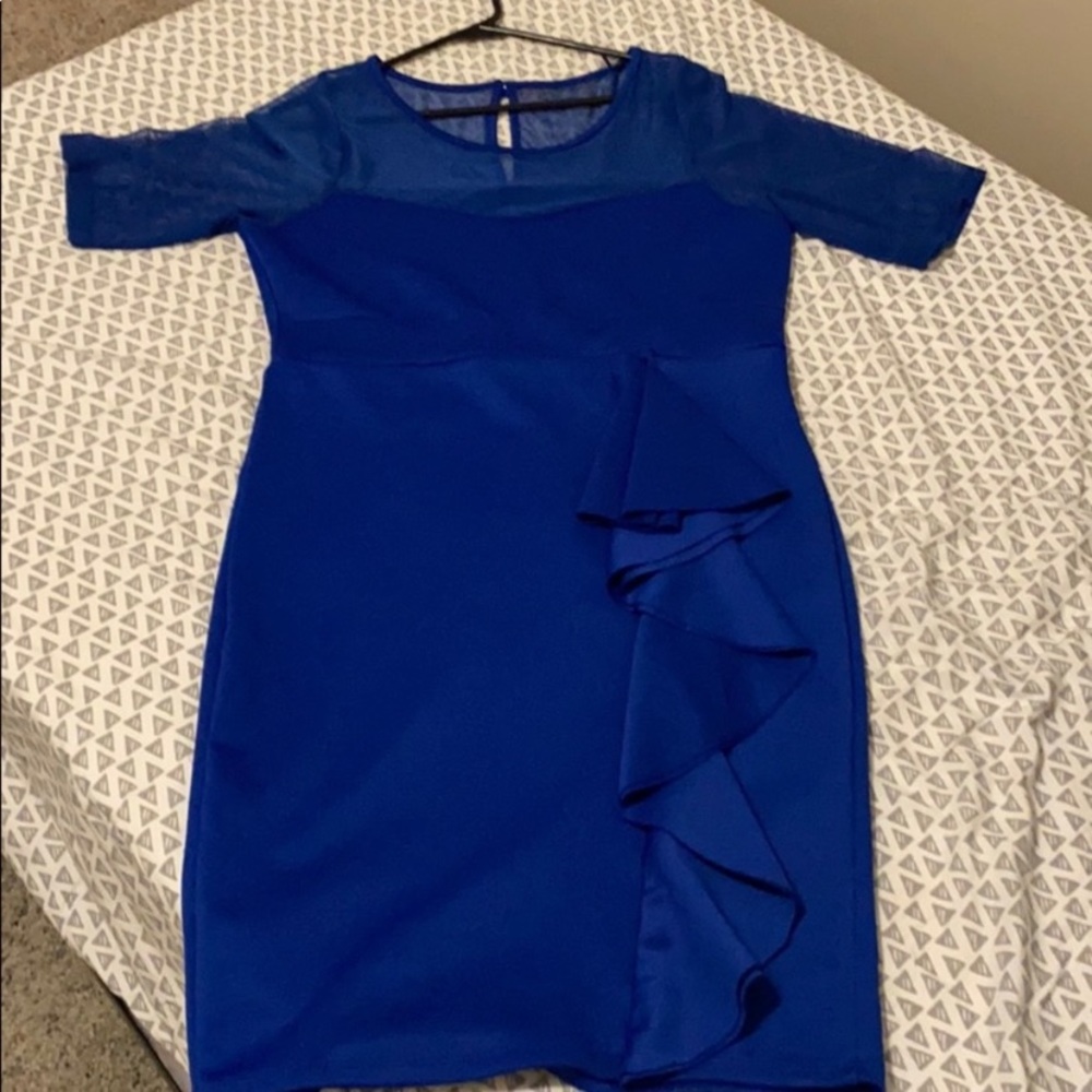 Blue midi dress size 16 with a ruffle in front